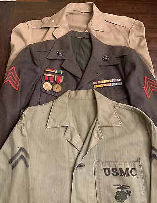 USMC World War 2 Three Jacket Named Group: Dress HBT Tan Jacket • $395