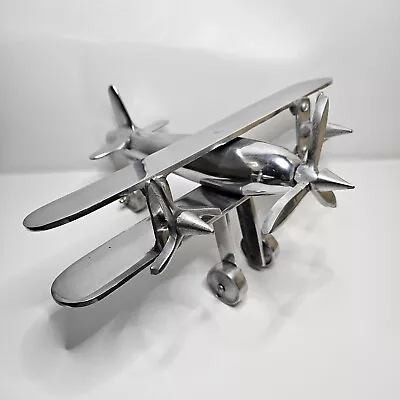 Vintage Metal Biwing Airplane 10  X 12  Solid Metal Functional Propellers/Wheels • $39.99