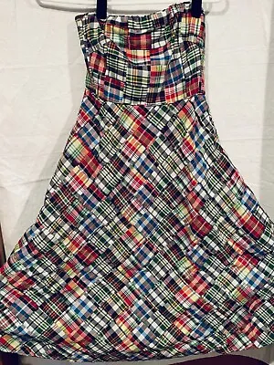 J. CREW Madras Dress Plaid Patchwork Strapless Cotton Preppy 100% Lined Size 2 • $25.99