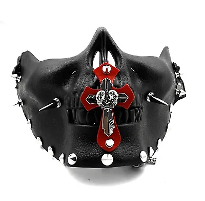 Mens Steampunk Spike Skull Half Face Mask Rivet Cross Cosplay Halloween Props • $19