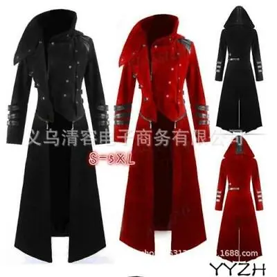 Mens Military Hooded Steampunk Trench Coat Long Jacket Gothic Overcoat Cosplay • $62.96