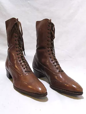 Antique Ladies High Top Lace Up Brown Leather Shoes C. 1900 • $95