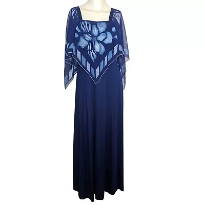 Unbranded Vintage 1970's Navy Blue Chiffon Floral Scarf Maxi Dress Size 10 • $93.74