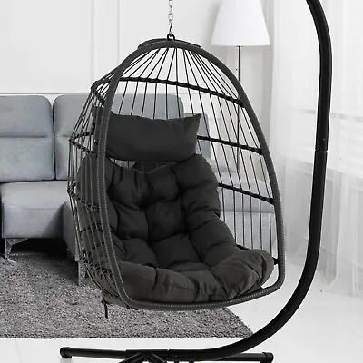 Hanging Egg Chair Rattan Outdoor Indoor Patio Garden Swing Chairs With Cushion • £125.99