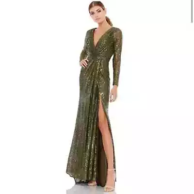 NWT Mac Duggal Olive Green Sequin Maxi Dress With Thigh High Slit Size 4 • $325