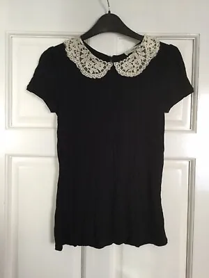Oasis Black Top With Cream Lace And Beading Peter Pan Style Collar. Size XS • £13.50