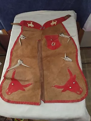 Vintage 1950s Leather Fringed Chaps Kids  Boys Girls  Western Cowpoke Yeehaww • $75