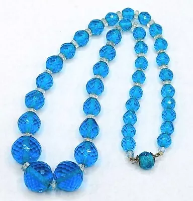 Vtg Faceted Bright Vibrant Blue Graduated Glass Clear Crystal Bead Necklace 16   • $33