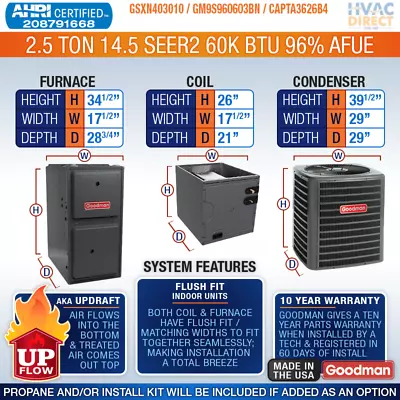 Goodman 2.5 Ton 14.3-14.5 SEER2 96% 60K BTU NG/LP Gas Furnace & AC Split System • $4115