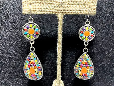 Vintage Silver Toned Multicolored Pierced Dangle Earrings • $10