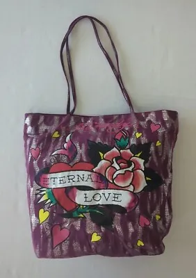 Ed Hardy Eternal Love Pinkish Purple Silver Heart Bag Tote 2 Handle Pockets EUC • $49.99