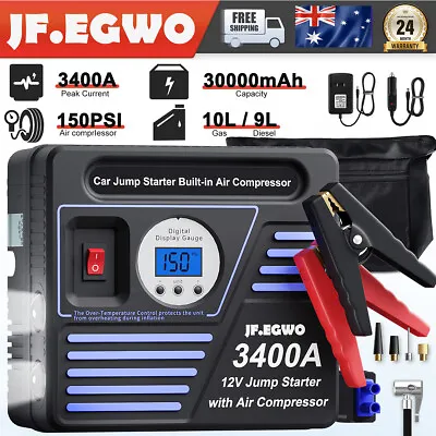 JF.EGWO Car Jump Starter With Air Compressor 3400A Lithium Jump Box Power Bank • $139.99