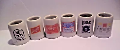 Ceramic Mini Beer Stein Mug Shot Glasses W/Handles Set Of 6 Popular Beers • $10.39