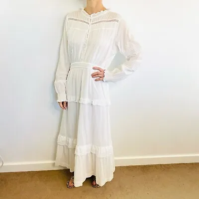 Rowie Size M 12 White Cotton Long Sleeve Tiered Maxi Dress Australian Label • $129