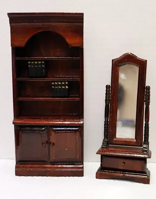 VTG Mahogany Wood Dollhouse Furniture Bookcase Full Mirror Stand Victorian • $14.95