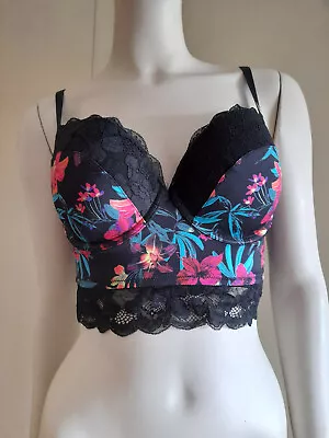 La Senza  Push Up Bralette Black With Neon Colour Flowers Size L/G New • £19.99