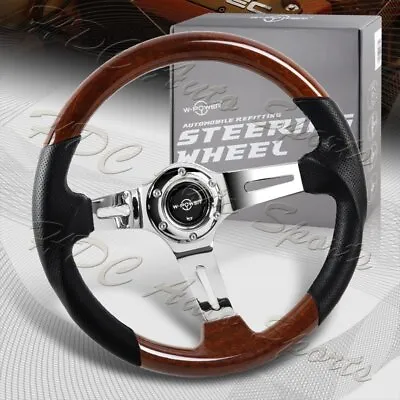 W-Power 13.5  Dark Wood Grip 6-Hole Chrome 3-Spoke 343MM Racing Steering Wheel • $95.99