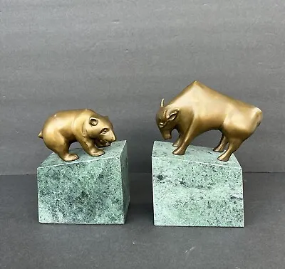 Bear And Bull Bookends Wall Street Stock Market Office Decor Brass Green Marble • $40