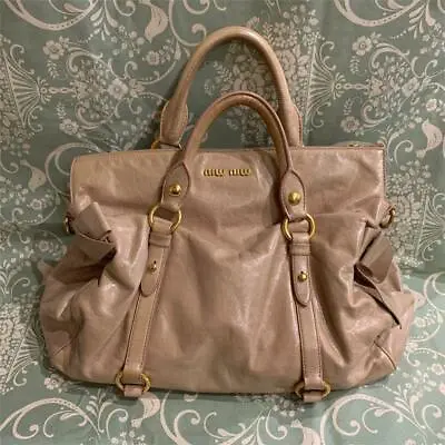 Auth Miu Miu Hndbag 2Way Shoulder Bag #8501 Pink Beige Leather Bow Ribbon • $252