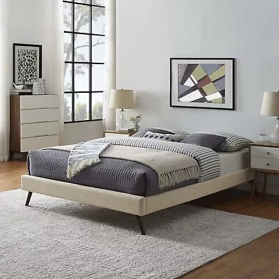 Mid-Century Modern Fabric Upholstered Queen Platform Bed Frame W/ Slats In Beige • $161.43