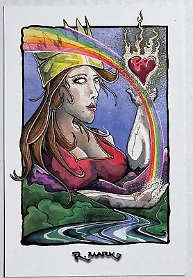 QUEEN OF HEARTS Collector Postcard R. Marx Rainbow Red Dress Hair Watercolor Art • $19.99