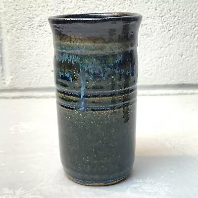 Signed Blue Brown Studio Art Pottery Vase Drip Glaze Ceramic 5.25” Tall Vintage • $29