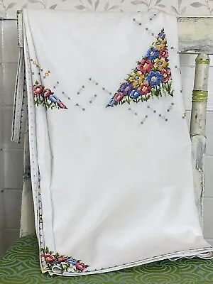 Beautiful Vintage Tablecloth White Linen With Embroidered Flowers 49” X 67” VGC • $49.73