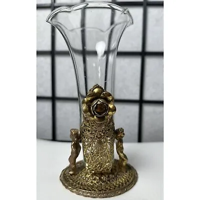 Vintage Hollywood Regency Gold And Glass Bud Vase With Angels Cherubs Filigree • $54.81