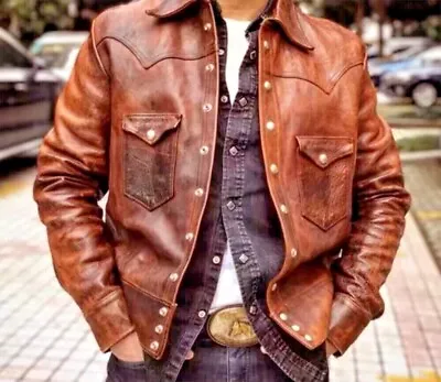 Men's Leather Shirt Genuine Lambskin Biker Brown Distressed Real Leather Jacket • $98