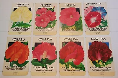 8 Vintage FLOWER SEED PACKS (S43)-Schmidt Litho-F.F. Smith-3 1/4  X 5 -Sweet Pea • $14