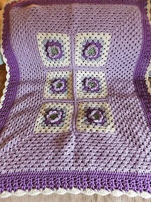 $29.99 • Buy Handmade Crochet Baby Blanket Afghan Orchid Lavender Off White Throw Soft 31x36 