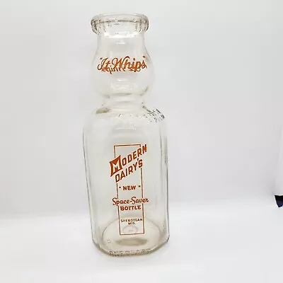 Modern Dairy's Space Saver Milk Bottle Sheboygan Wis. QT Cream Top It Whips Pyro • $20