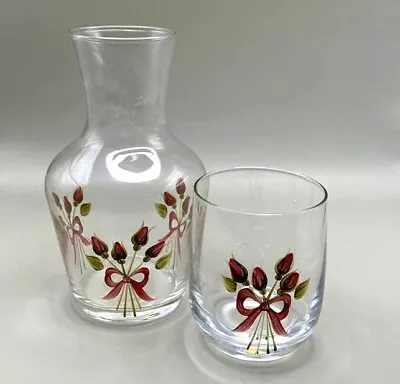 Hand Painted Water Glass Carafe & Tumbler ( Tumble Up ) Rose Bouquet & Bow Vgc • £20