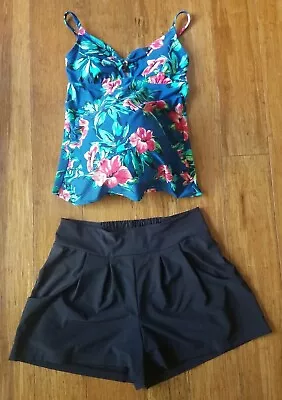 Isabel Maternity Tropical Floral Print Tie Front Tankini/Black Swim Shorts Sz. S • $29.95