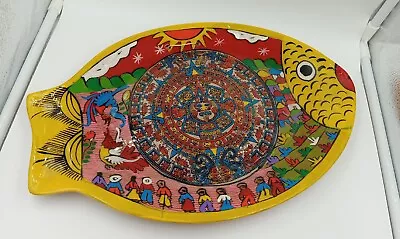 $32 • Buy Telavira Folk Art Fish Platter Aztec Mayan Calendar Mexico 14.5”wall Hanging 