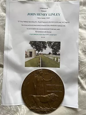 £90 • Buy WW1 Death Plaque Penny John Henry Linley Poperinghe Cemetery Royal Engineers DOW
