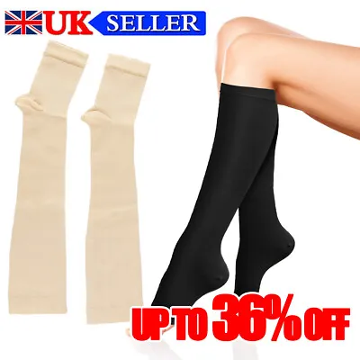 Medical Relief High Knee Compression Socks Flight Stockings Support Open Toe UK • £3.59