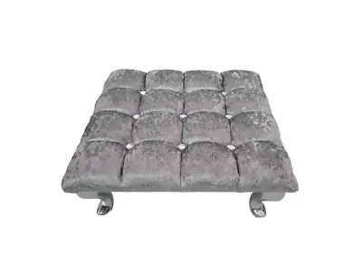 Grey Crushed Velvet Cube Footstool 18x18  Diamante Upholstered Queen Anne Legs  • £37.95