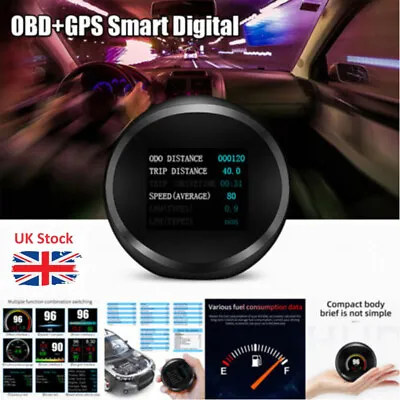OBD2+GPS HUD Gauge Head Up Car Digital Display Speedometer Turbo RPM Meter Temp • £27.59