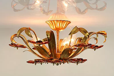 Florentine Gold Leaf Flush Mount Fixture Lamp Banci Murano Glass Blossoms VTG • $820