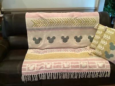 Disney Parks Mickey Mouse Icon Pink Gray Yellow Tassels Homestead Throw New • $74