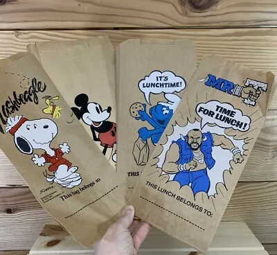 Vtg Carrousel Products Paper Lunch Bags Mickey Mouse Mr. T Smurfs Snoopy Peanuts • $15.39