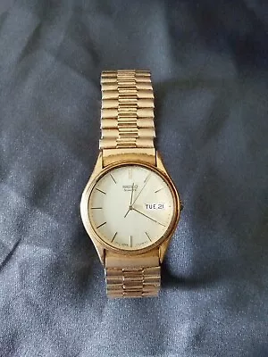 Vintage Seiko Mens Gold Tone Champagne Dial Day/Date Round 34mm Needs Battery • $34.99