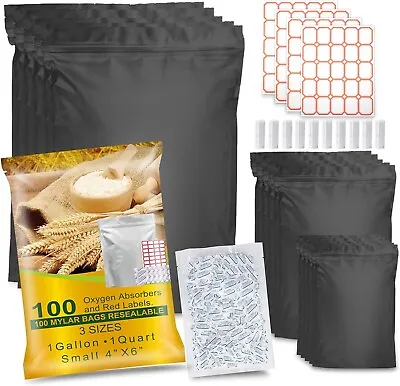 100pcs Mylar Bags For Food Storage W/ Oxygen Absorbers Resealable Black 3 Sizes • $21.50