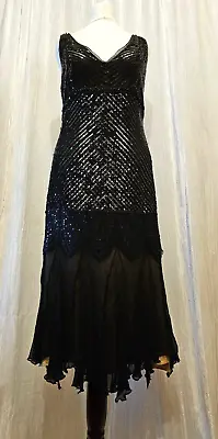 Massimo Dutti Stunning Black SILK Sequin 1920S Charlston Flapper Midi Dress.10 • £29.99