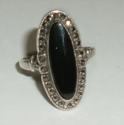 Ornate Vintage 1920s Sterling Silver Marcasite Art  Deco Ring Black Onyx 7- • $39.99