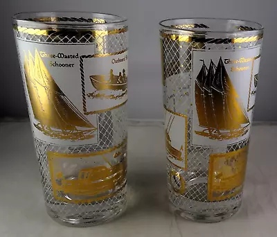 Pair Retro Vintage MCM Highball Glass Tumblers Ship Nautical Theme Gold • $24.99