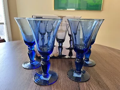 4 Mikasa Domain Blue Wine Goblets Hand Blown Glasses Nos Boxed Set • $23.95