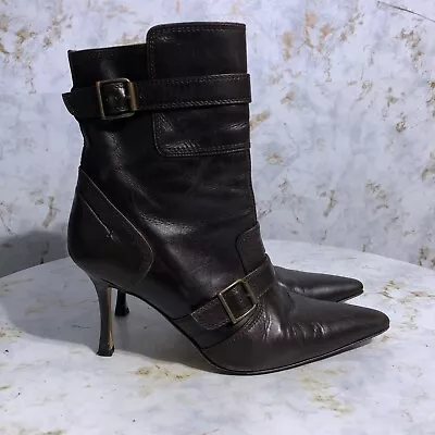 Manolo Blahnik 39 Womens Sz 9M Shoes Brown Leather Zip Heeled Career Ankle Boots • $100