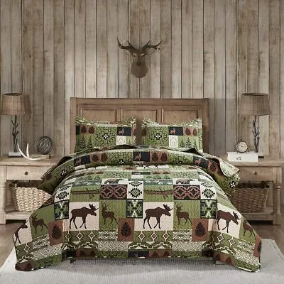 Green Brown Deer Moose Canoes Lodge 3 Pc Quilt Set Twin Full Queen King Coverlet • $63.90